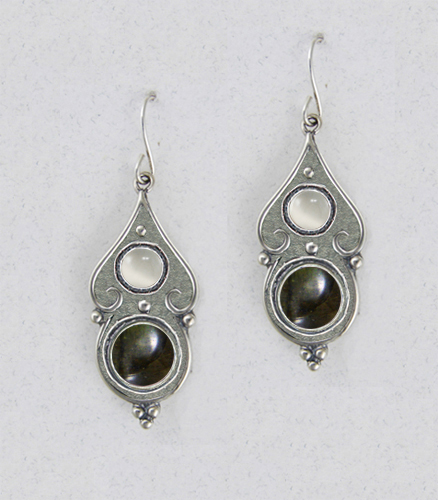 Sterling Silver Gothic Look With Spectrolite And White Moonstone Gemstone Drop Dangle Earrings